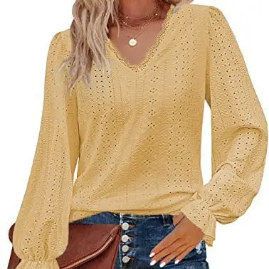 New women's cross-border European and American V-neck T-shirt hollow casual pleated sleeve top shirt