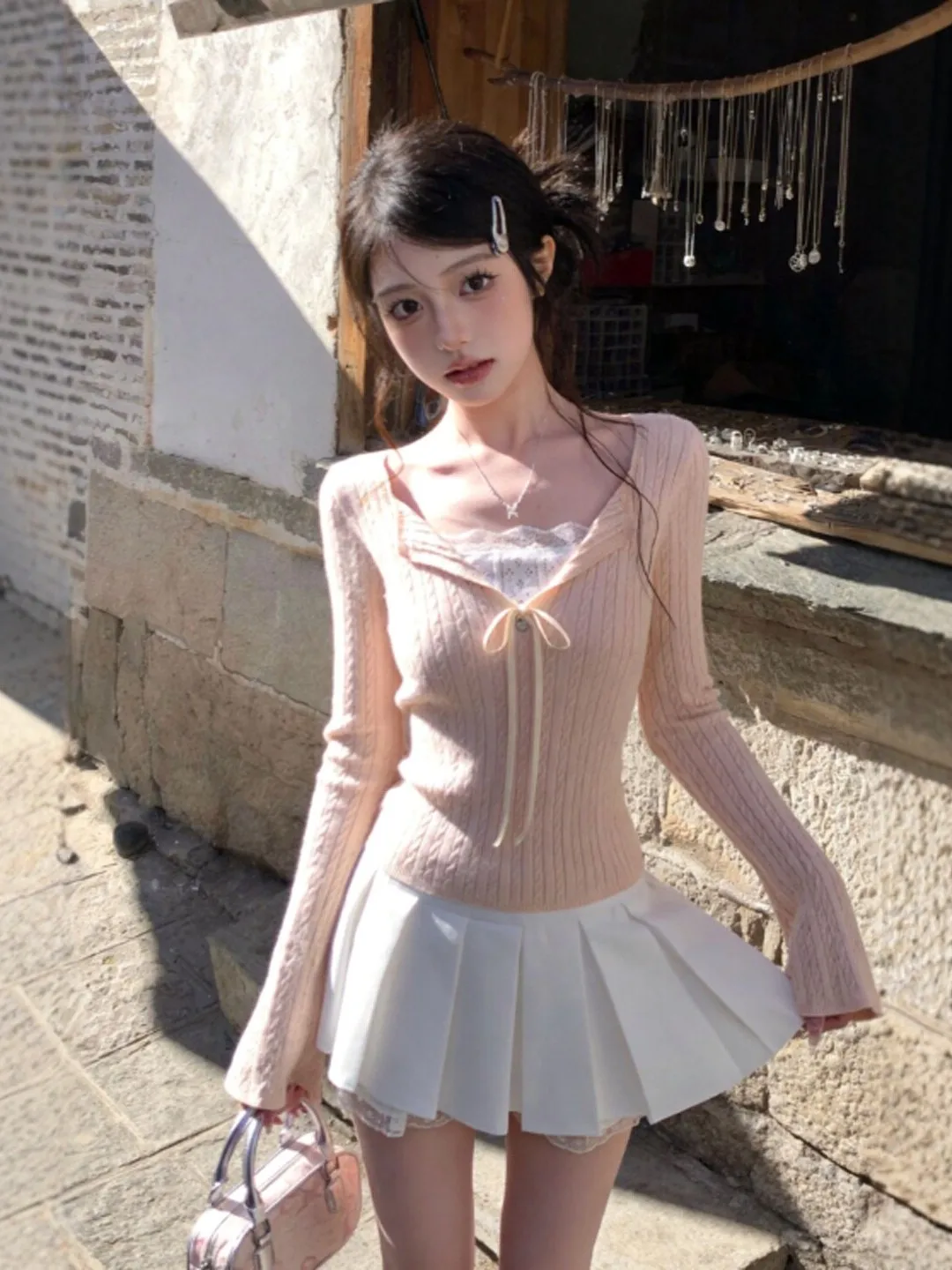 

Spring Atmosphere Sweet Soft Style Slimming Knitwear Beautiful Unique Small Top for Women V-Neck Long Sleeve Casual Wear