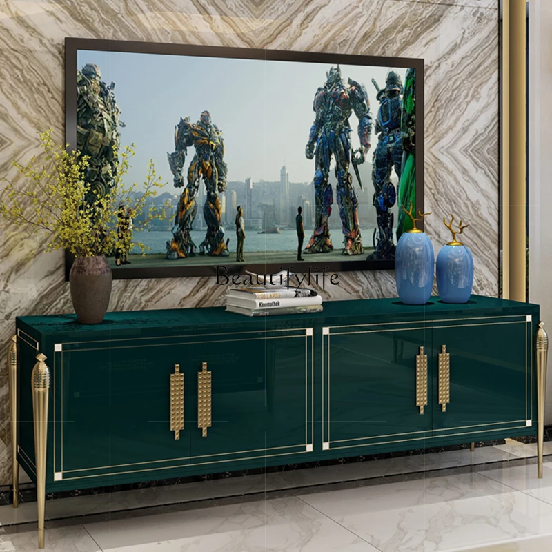 Light luxury solid wood TV cabinet living room modern simple high dark green paint