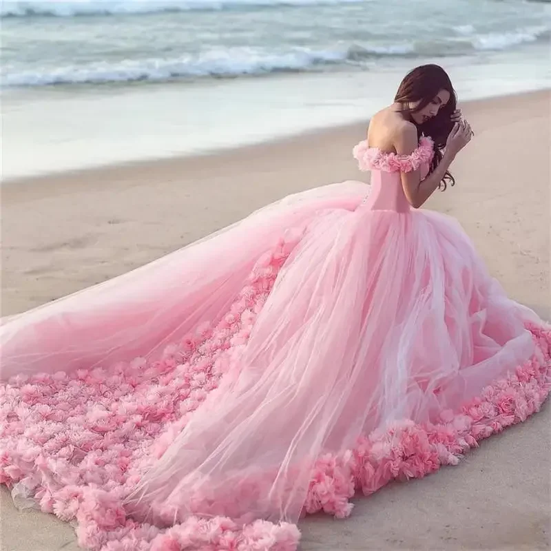 Customized Wedding Dresses Pink Cloud 3D Flower Rose Long Tulle Puffy Ruffle Robe De Mariage Bridal Gown Said Mhamad