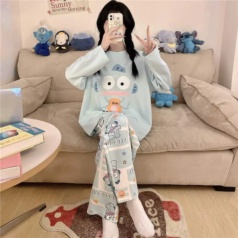 

Sanrio Anime Hangyodon Hello Kiity Cartoon Pajamas Female Cute Cotton Spring Autumn Woman Large Size Long Sleeves Lounge Clothes