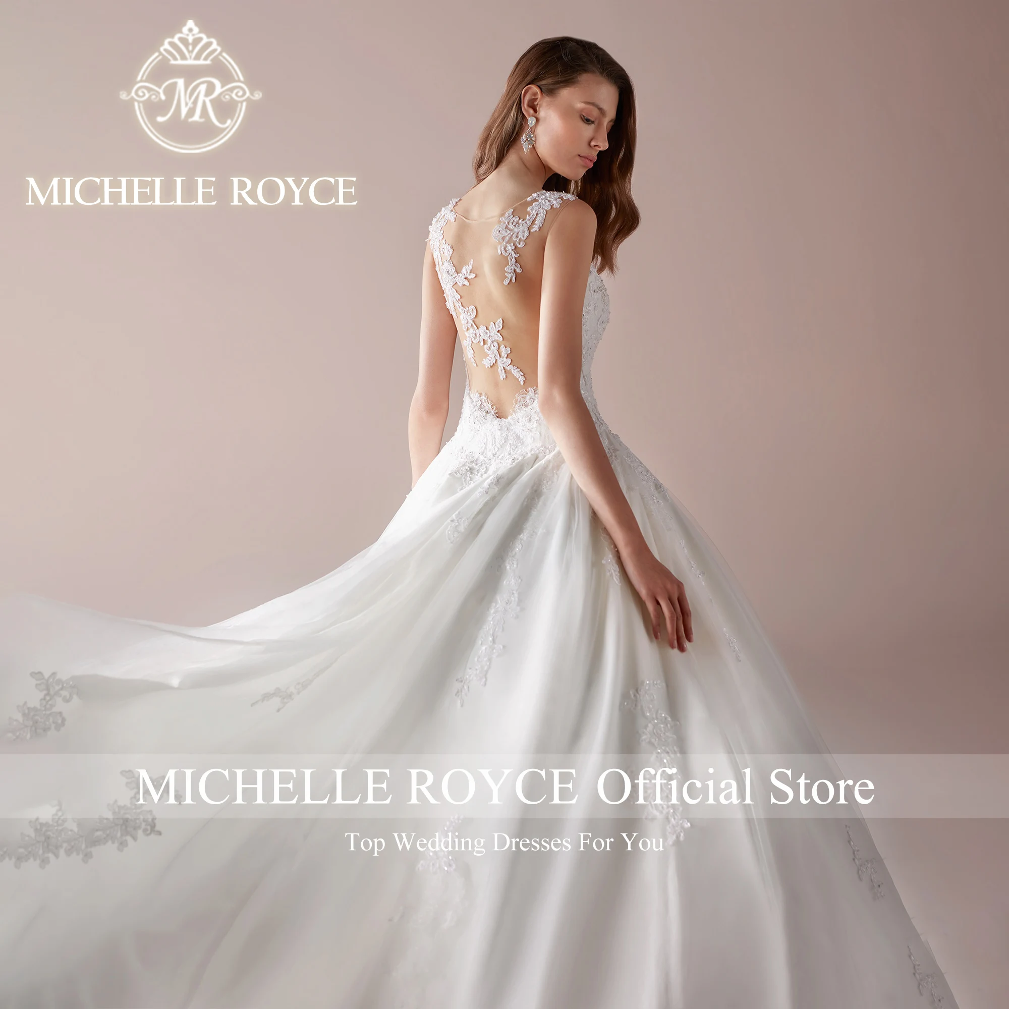 Michelle Royce-vestido De baile De lujo para mujer, Vestidos De Novia con escote Invisible, bordado, drapeado