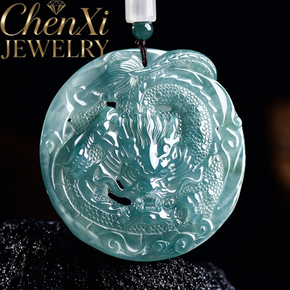 High Clarity Ice Blue Water Natural Grade A Jadeite Zodiac Dragon Pendant Hand Sculpted Gift Jewelry Necklace Daily Outfit Gift