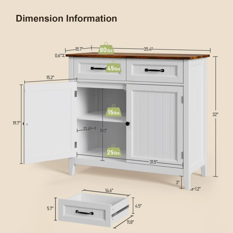 Kitchen Sideboard Buffet Cabinet, 32'' H Large Kitchen Storage Island and Adjustable Shelf, Modern Coffee Bar Console Cabinet