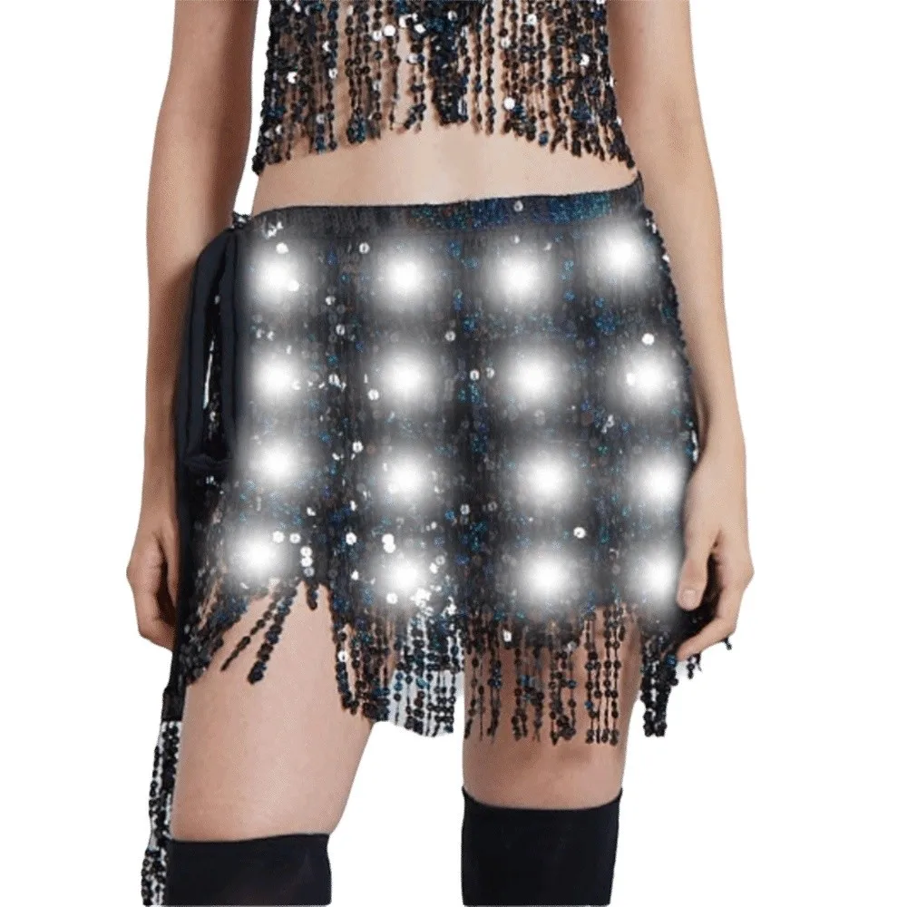 Bufanda de cadera para danza del vientre, cinturón brillante con cordones, bufanda iluminada para la cadera, accesorios de disfraces de danza del vientre con flecos de estrellas para Club nocturno