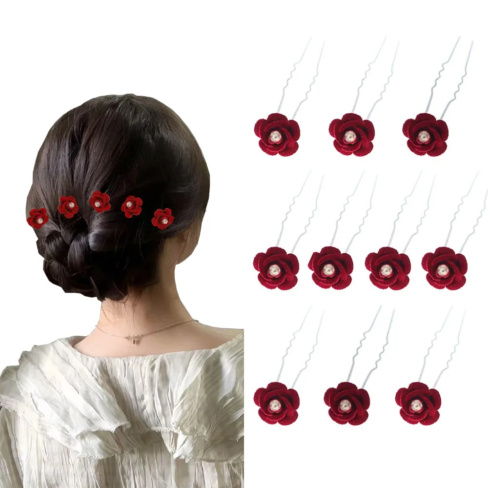 10Pcs Rose Hair Accessories Wedding Bride Hairpins Flower Hair Clips Red Velvet Clips For Women Elegant Pin Diamond Barrettes