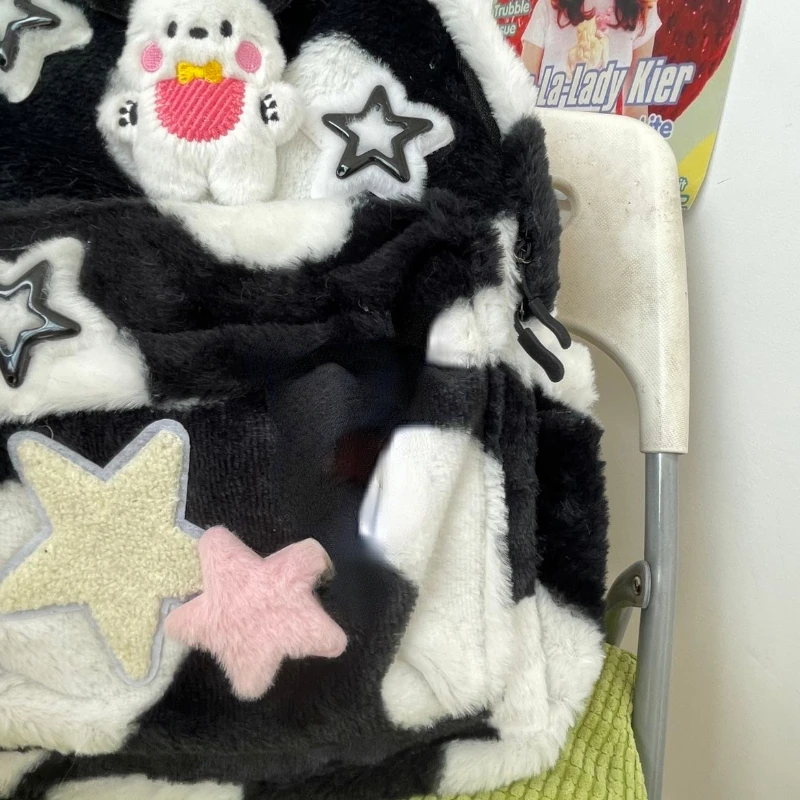 Japanese Kawaii Cute Fluffy Star Backpack Cartoon Contrast Color Plush Dog Women Schoolbag Y2k Aesthetic High-capacity Backpacks