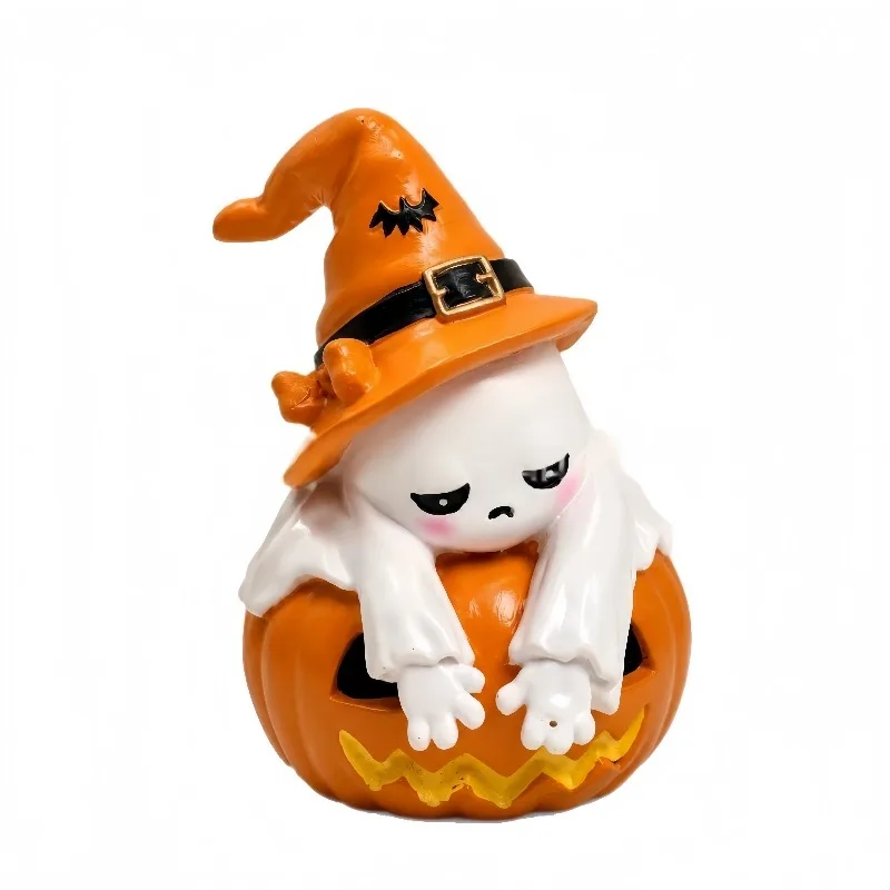 New Halloween Sad Ghost Pumpkin Ornament Depressive Design Melancholy Spirit Figurine Resin Craft Moody Home Decor for Mental