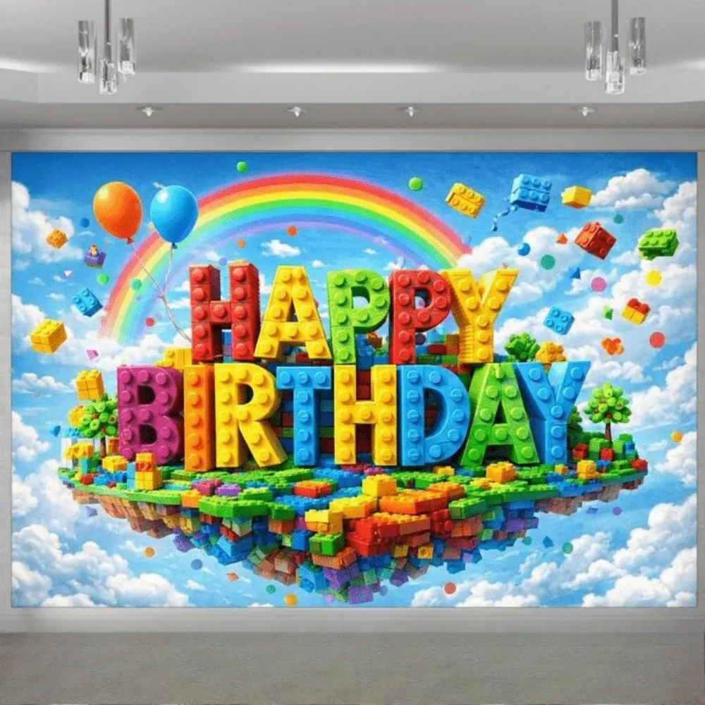 Colorful Building Block Letter Theme Happy Birthday Banner Background, Birthday Party, Home Decoration Photography Background