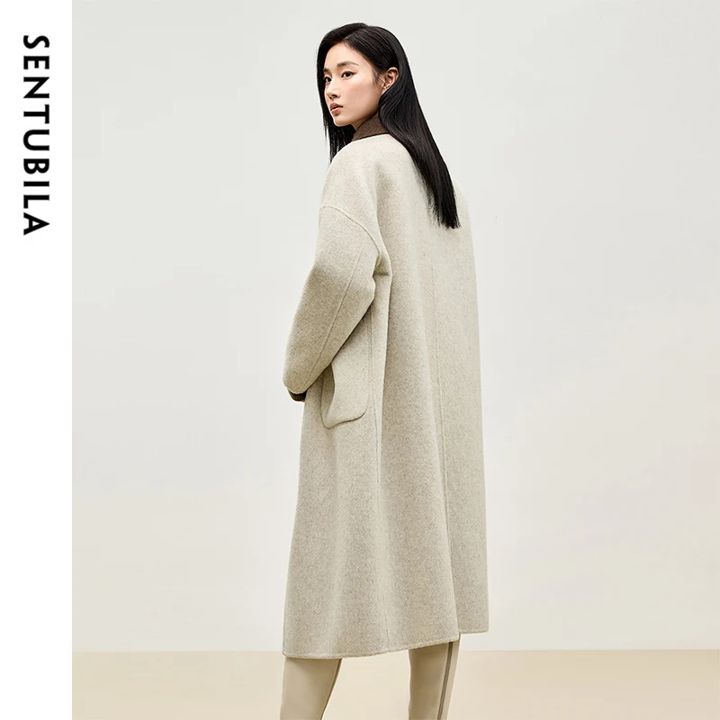 SENTUBILA Spliced Long Wool Coat Women 2026 Winter Overcoat Double Sided Single Breasted Warm Outerwear Ladies Clothes W44O56043