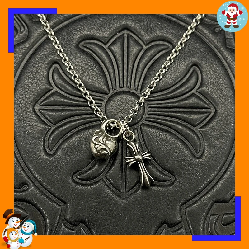 Trendy Thai Silver Retro Old Cross Peach Heart Necklace High-end Autumn and Winter Accessories Jewelry Accessories