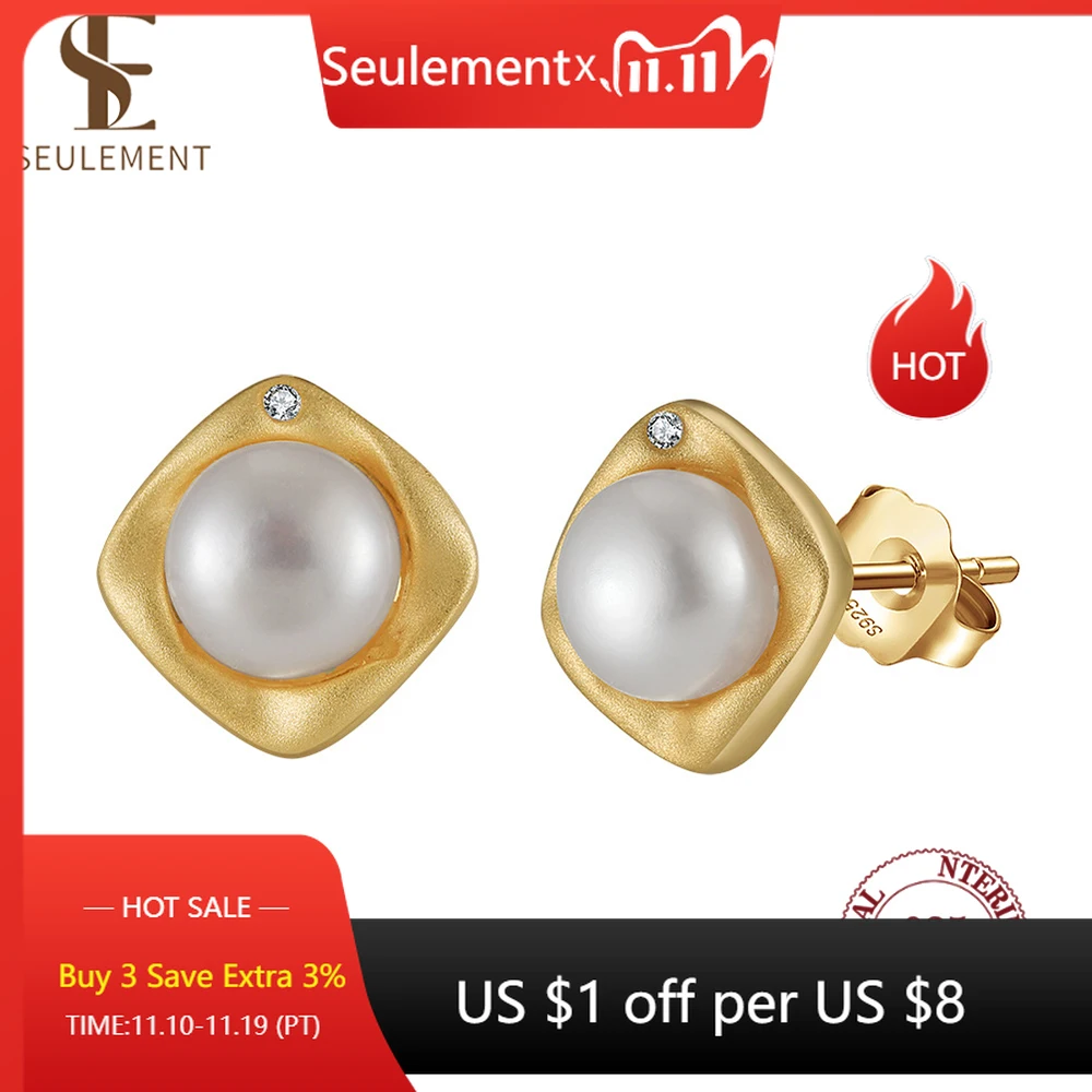 

Seulement Freshwater Natural Pearl Stud Earrings for Women 925 Sterling Silver Square Earring Simple FashionJewelry Gift