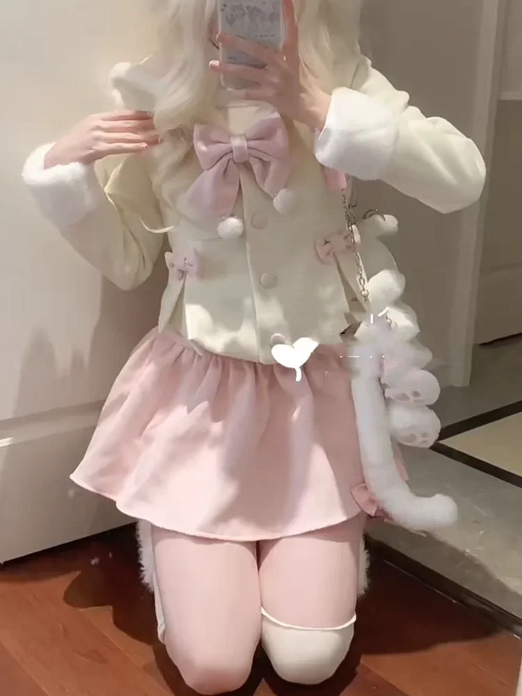 

Осенне-зимние японские кавайные милые костюмы из двух предметов, женские милые тонкие укороченные топы с бантом, пальто с высокой талией, однотонные комплекты мини-юбки