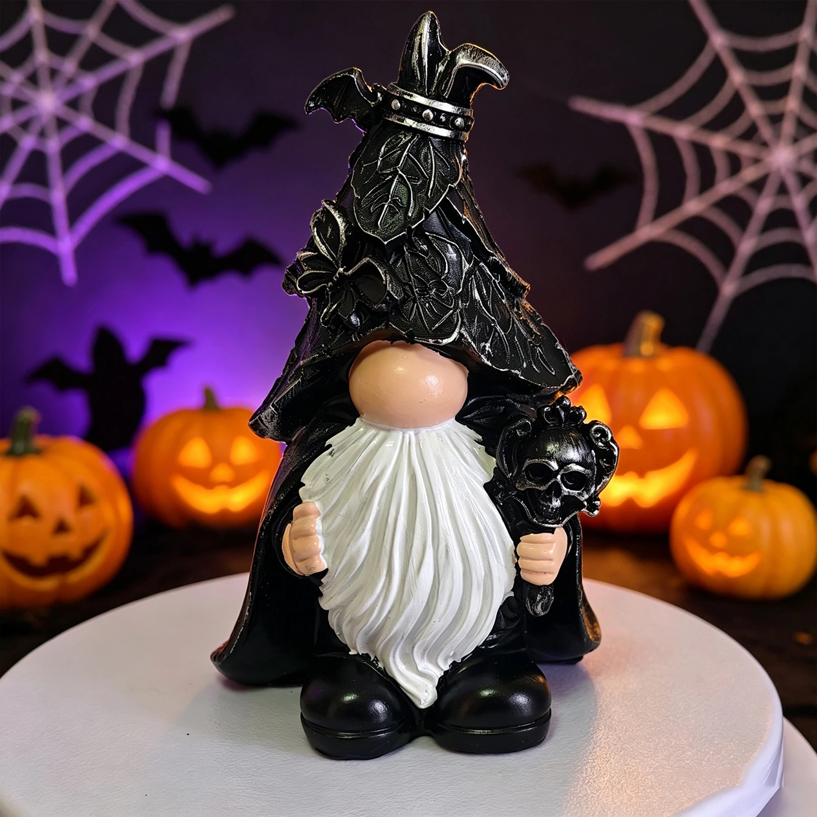 Halloween Resin Horror Gnome Figurine with Skull & Bat Wizard Gnome Statue for House Bedroom Living Room Holiday Gifts