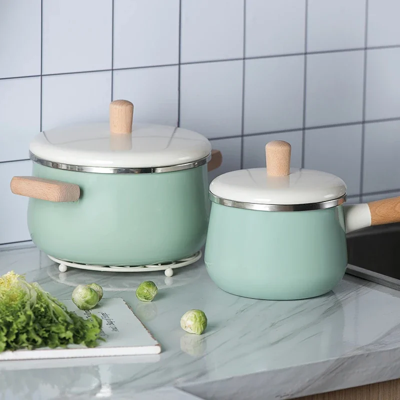 Northern Europ enamel wood handle milk pot soup saucepan thickened noodle general home induction Japanese cooker stew manual pan