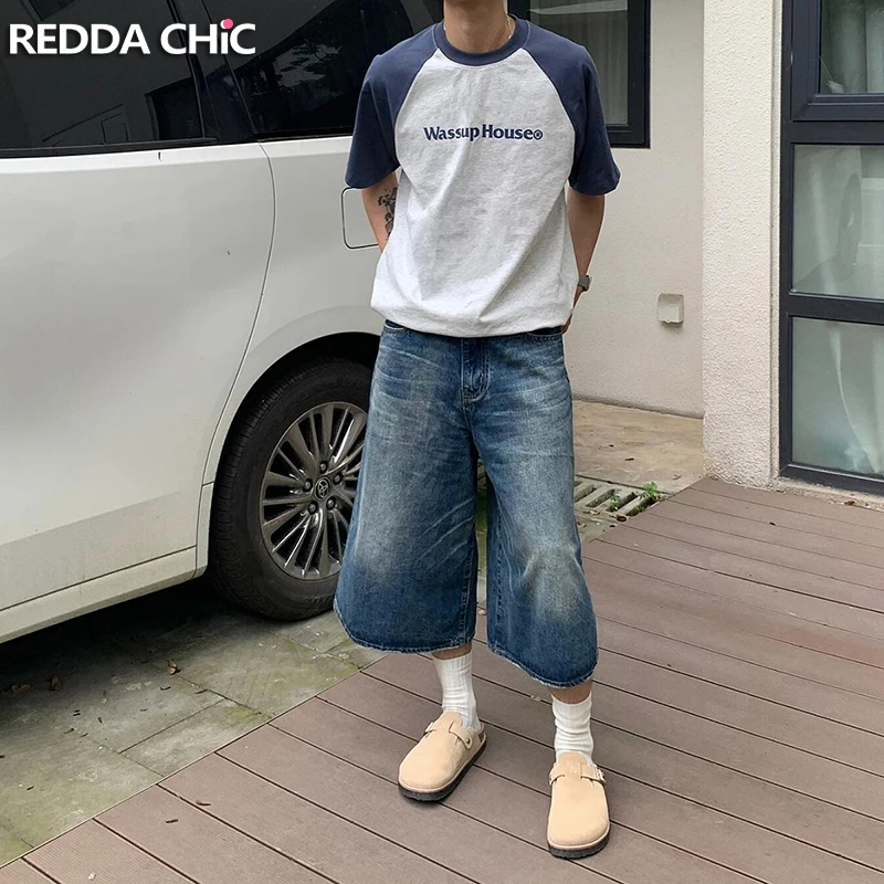 

REDDACHIC Summer Blue Brushed Denim Shorts Men Do Old Whiskers Baggy Jeans Jorts Wide Leg Casual Pants Vintage Korean Streetwear