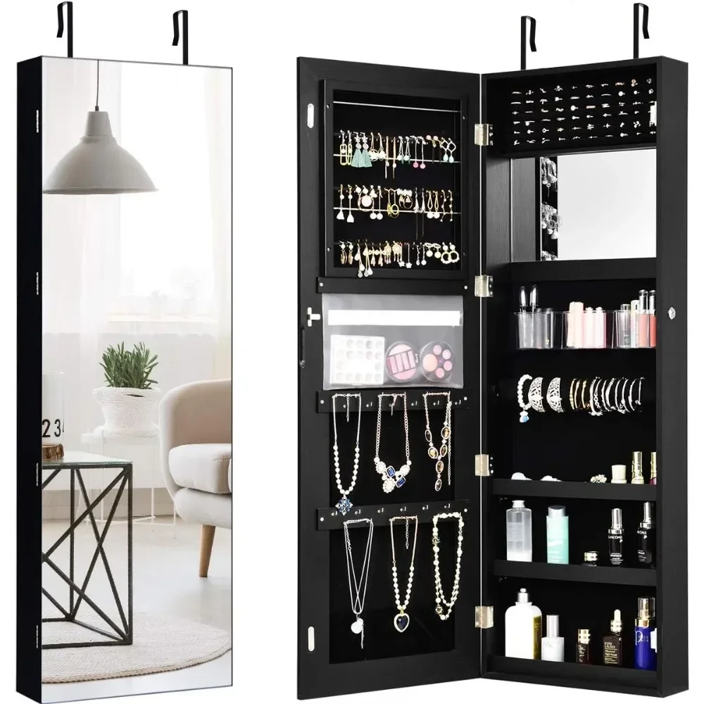 Jewelry Armoire Wall Door Mounted, Lockable Jewelry Cabinet with 47.2''H x 16''W Mirror,Storage Jewelry Organizer Box