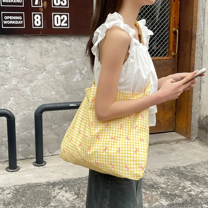 Candy Color Large Bow Shoulder Shopper Bag for Women Canvas Fashion Tote Shopping Bags Woman Handbags Reusable Travel Bags