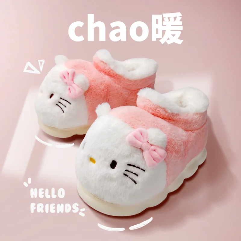 Sanrio Hello Kitty Cute Sweet Home Warm Women's Shoes Kulomi Cartoon Bow All Inclusive Heel Platform Plush Cotton Slippers