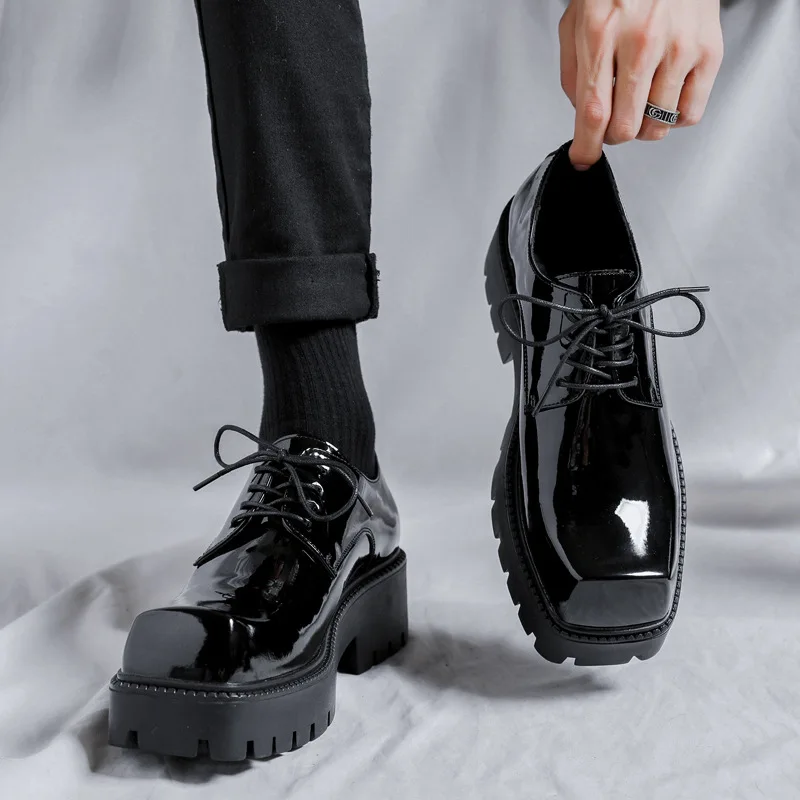 Men's 2026 Spring Summer Square Toe British Style Chunky Mid Heel Lace-Up Comfortable Classic Casual Leather Shoes Mens Loafers