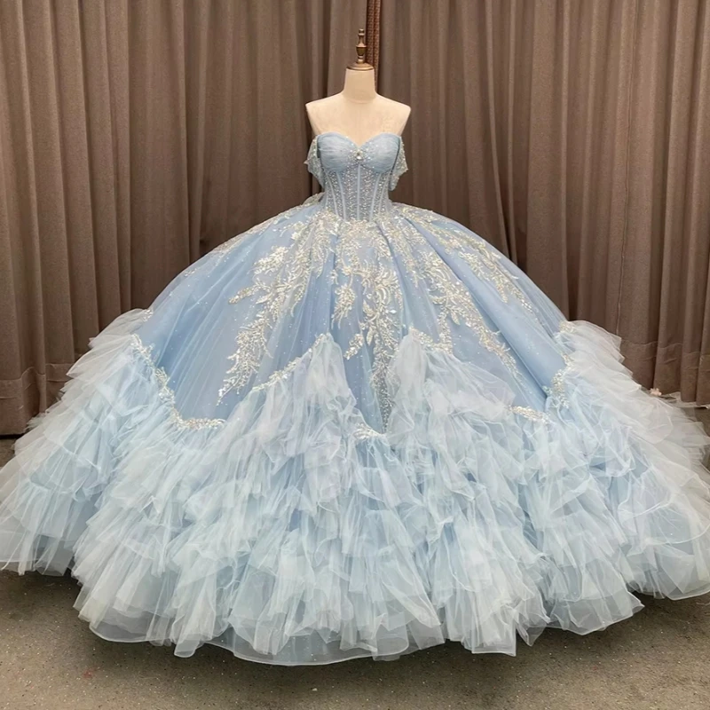 

Light Sky Blue Shiny Quinceanera Dresses Ball Gown Off The Shoulder Applique Lace Beading Corset Tiered Tull Party Birthday Swee