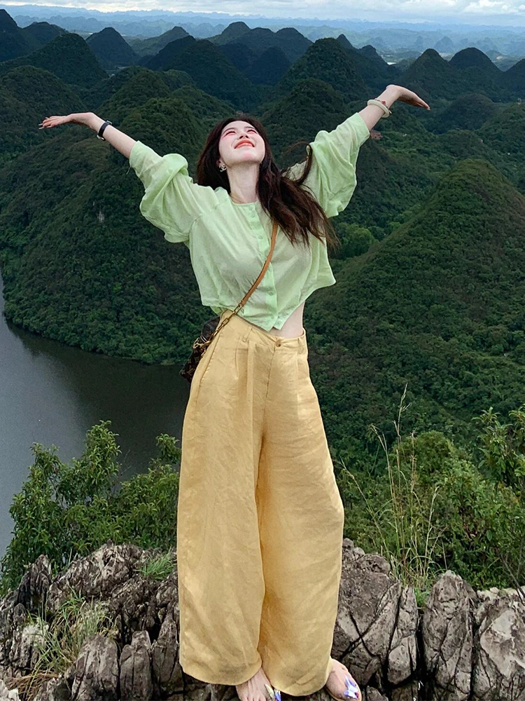 

Mint Green Long Sleeve Shirt Wide Leg Pants Set Women's Fashion Spring Summer Outfit Two Piece Suit High Waist Straight Cut