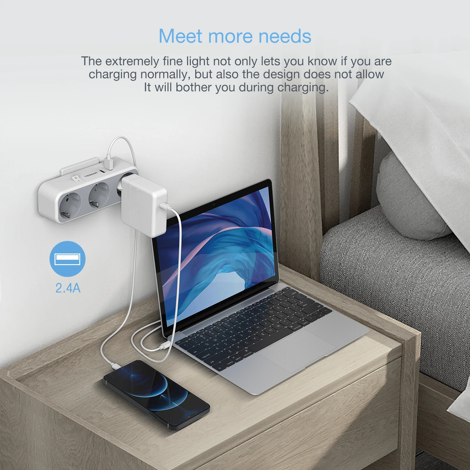 TESSAN Tomada de parede múltipla com 3 tomadas CA 3 portas USB Adaptador USB 6 em 1 com proteção contra sobrecarga para smartphone tablet casa