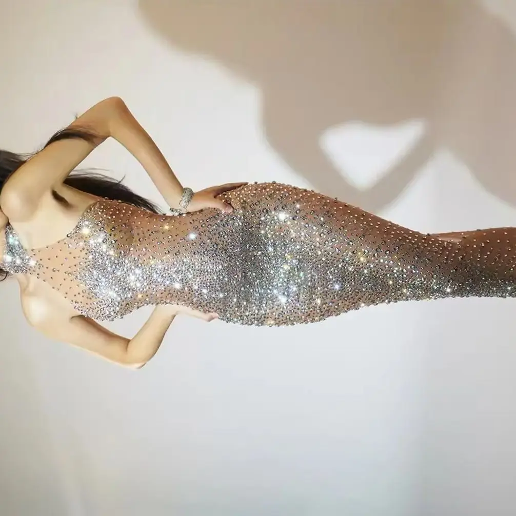 

Luxury Women Sexy Mesh Diamond Birthday Dress Elegant See Through Stretch Prom Gown Celebrity Club Show Stage Wear