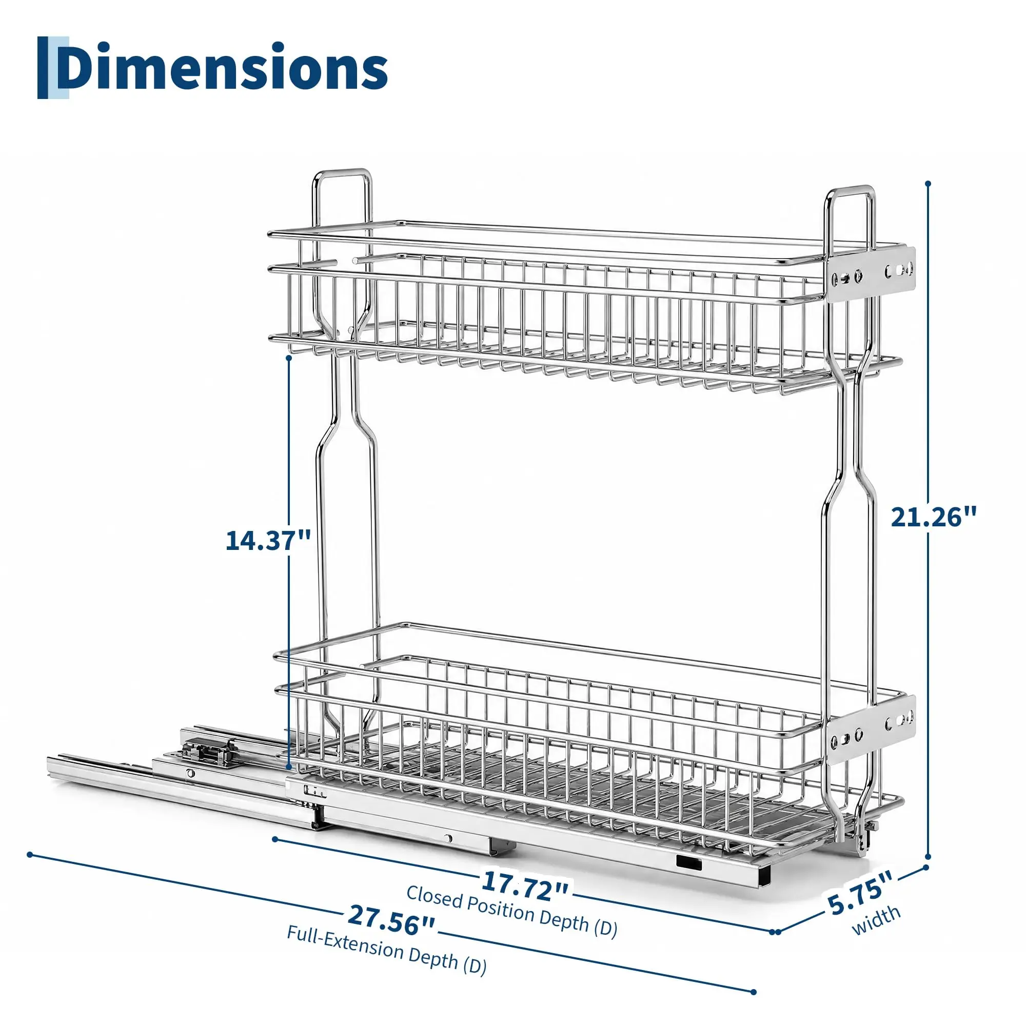 Heavy Duty 2-Tier Pull-Out Cabinet Organizer - Chrome Slide-Out Spice Rack For Frameless Kitchen Cabinets - Full Extension Ball Bearing Glides