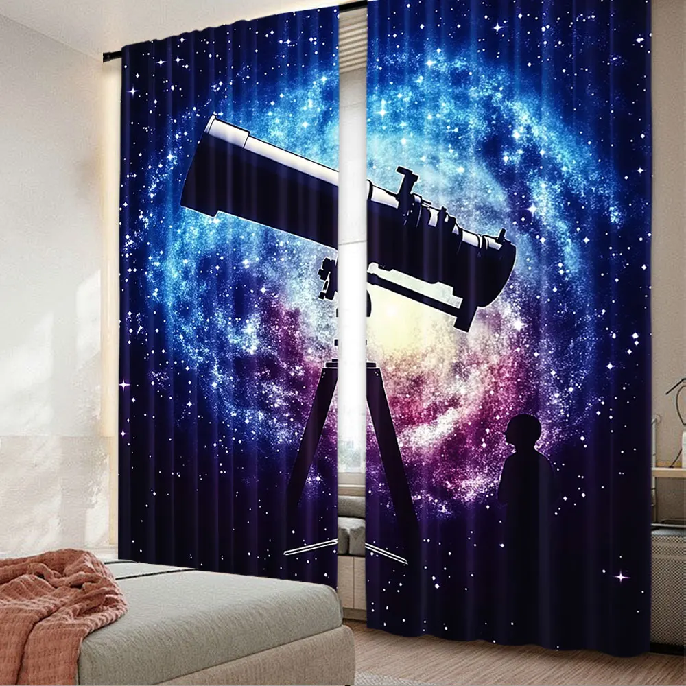 2Pcs Natural Landscape Space Galaxy Telescope Curtain Party Decor Suitable For Living Room Bedroom And Many Other Occasions