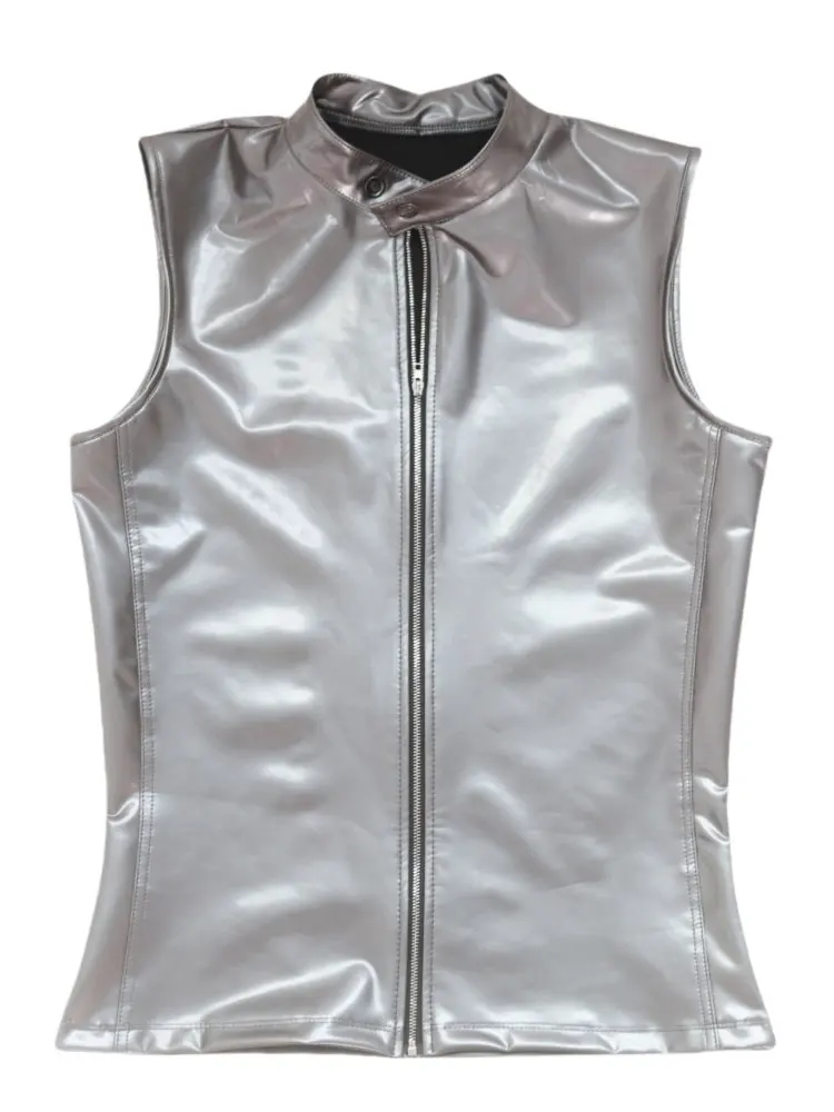 PU Leather Shiny Sleeveless Vest Front Zipper Open Men's Shaping Tank Tops Nightclub Stage Performance Man T-shirts Fashion