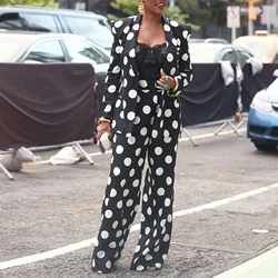 Traje elegante de lunares y pantalones de pierna ancha para mujer, conjunto de dos piezas, chándal a juego, Otoño, cumpleaños, Club nocturno