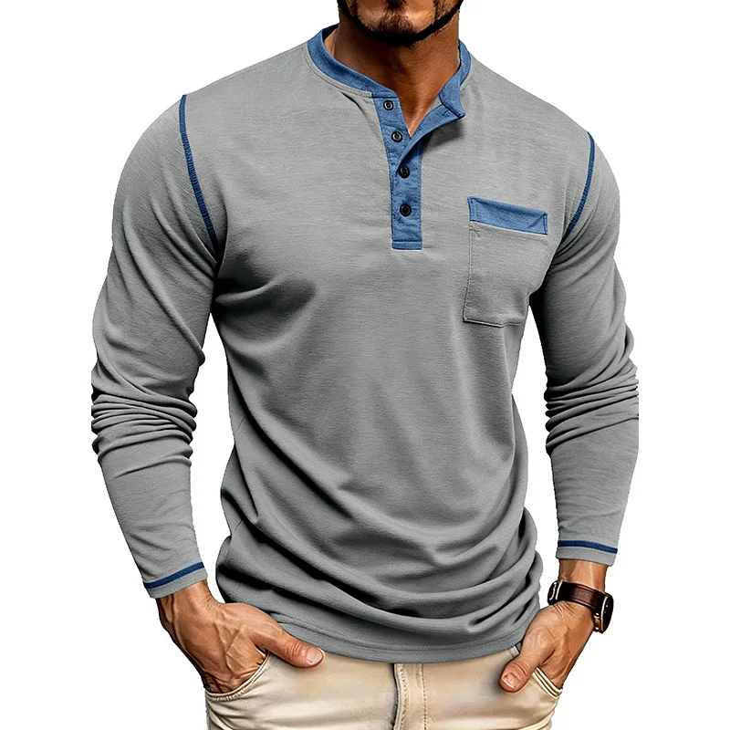 

Mens Loose Fit Long Sleeve Henley T Shirt Spring Autumn Fashion Large Size Top Tee European American Style