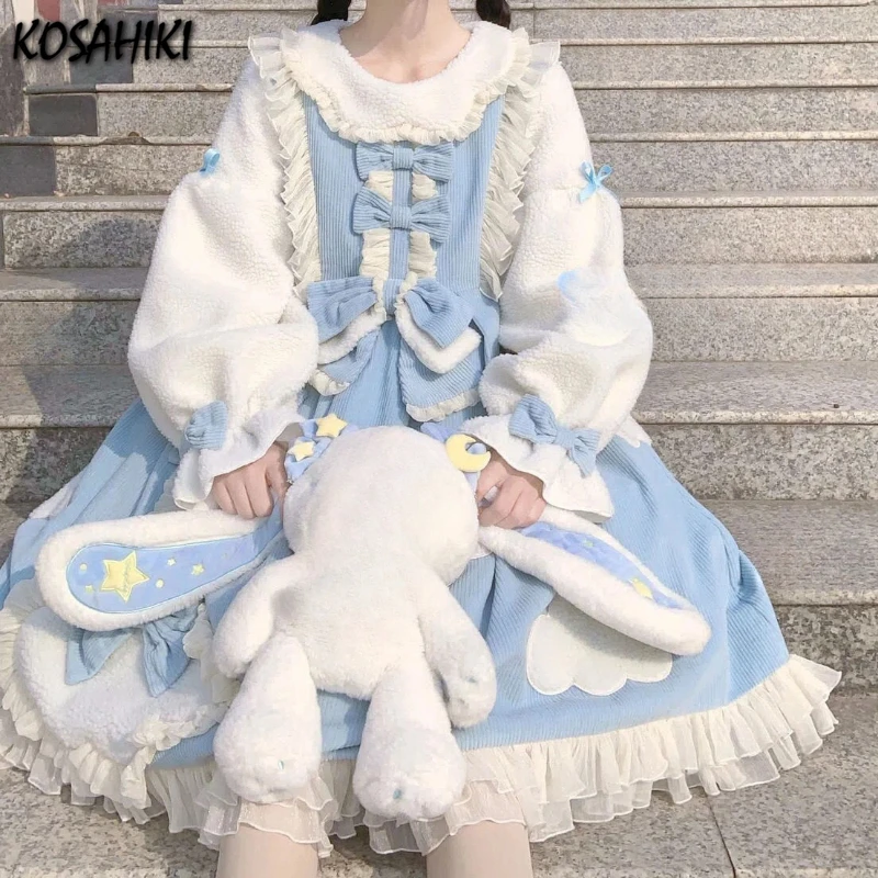 Kawaii Outfits Japanese Sundresses Women Ruffle Jsk Lolita Dress + Cute Lamb Wool Hoody Girls Sweet Two Pieces Set Y2k Aesthetic