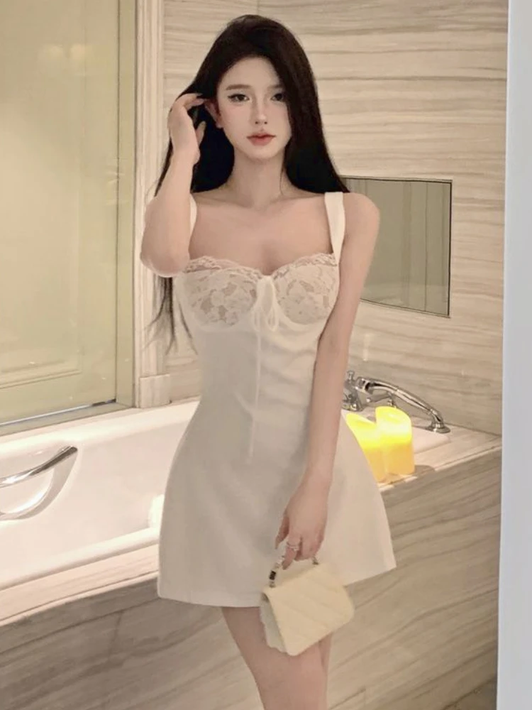 Summer Lace Sexy Designer Dress Women Korean Fashion Party Mini Dress Female Strappy Backless Casual Suspender Dress 2023 New