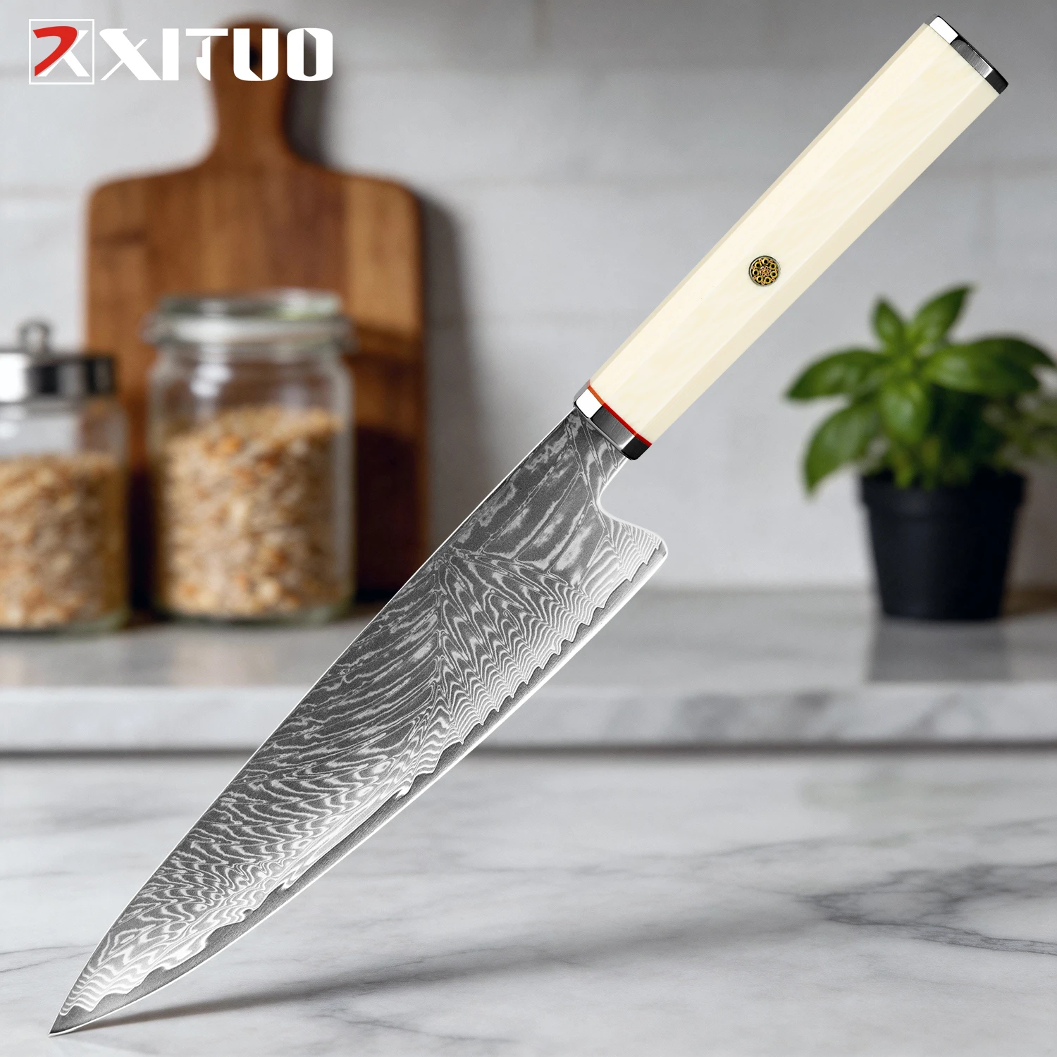 XITUO Japanese Damascus Steel Chef Knife 8“ Sharp Full Tang Forged Cooking Knife Slicing & Dicing Knife lmitation lvory Handle