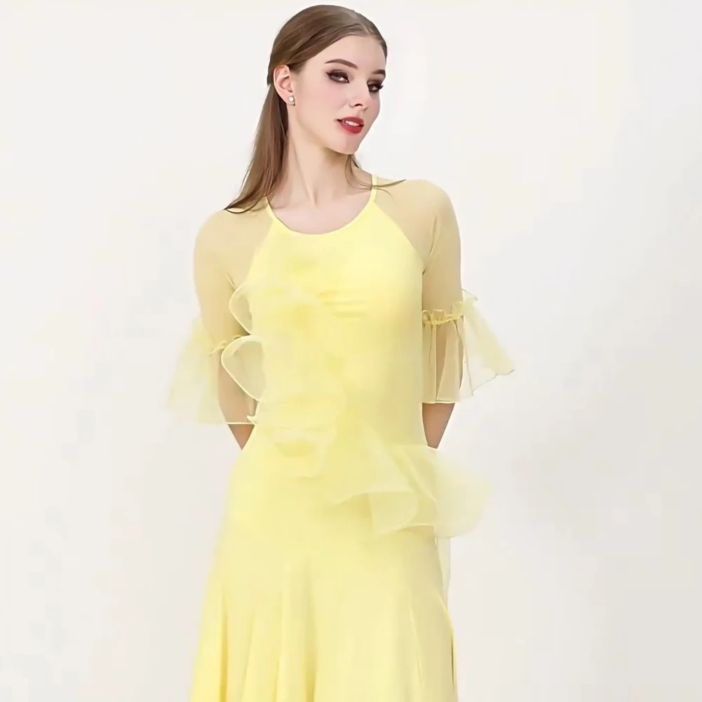 ชุดเดรสยาวสีชมพูหนังสำหรับเต้นบอลรูม ดีไซน์หรูหรา สีเหลืองอ่อนแบบกูส สำหรับการแข่งขันวอลซ์ ชุดบอลรูมใหม่ แต่งระบาย สำหรับการแสดง