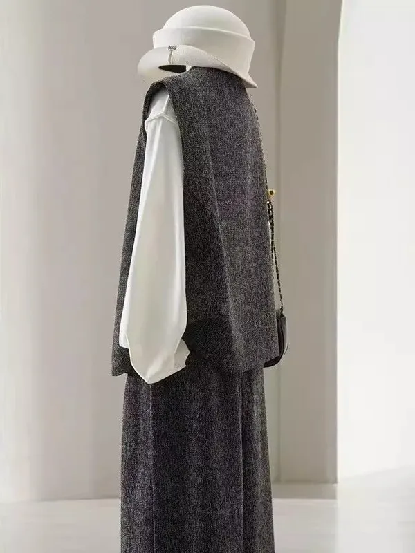 plus Size Women's Vest Pants Set High Waist Wide Leg Autumn Casual Sportswear Two-Piece Suit Lightweight Maturi round Ne