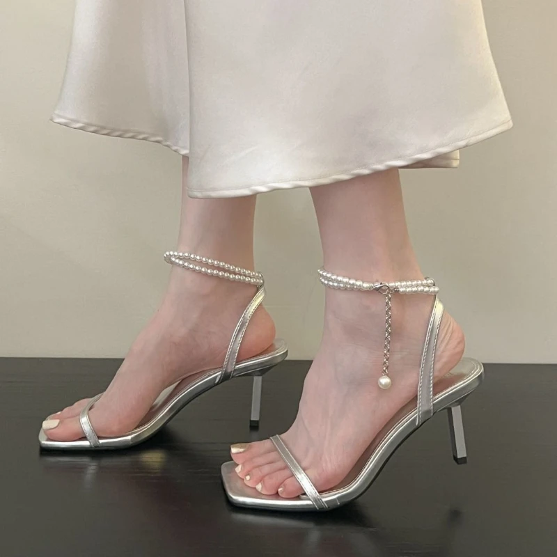 French Style 2026 Latest Women's Pearl Accent Stiletto Heels Square-Toe Ankle-Strap Sandals High-End Versatile Party Wedding