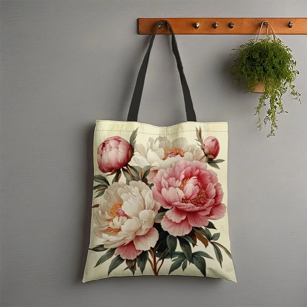 1pc, Peonies Pattern Tote Bags for Travel Daily Commuting, Women's Shopping Bag, Trendy Folding Shoulder Bag