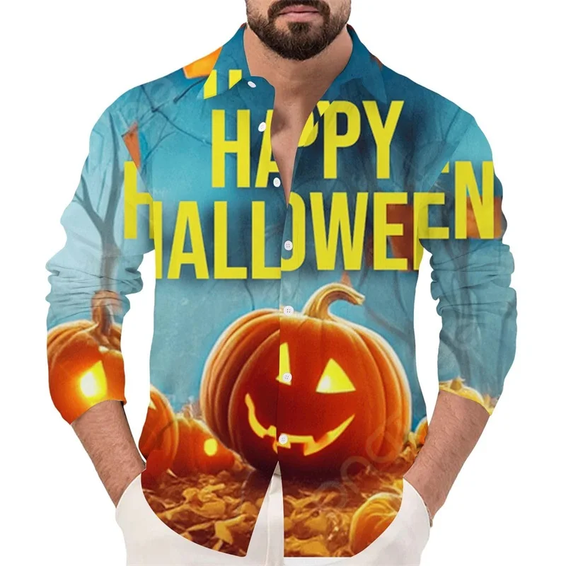 Happy Halloween Button Down Blouse Shirt 3D Print Long Sleeve Casual Men's Halloween Pumpkin Tee Shirts Tops Festival Clothes