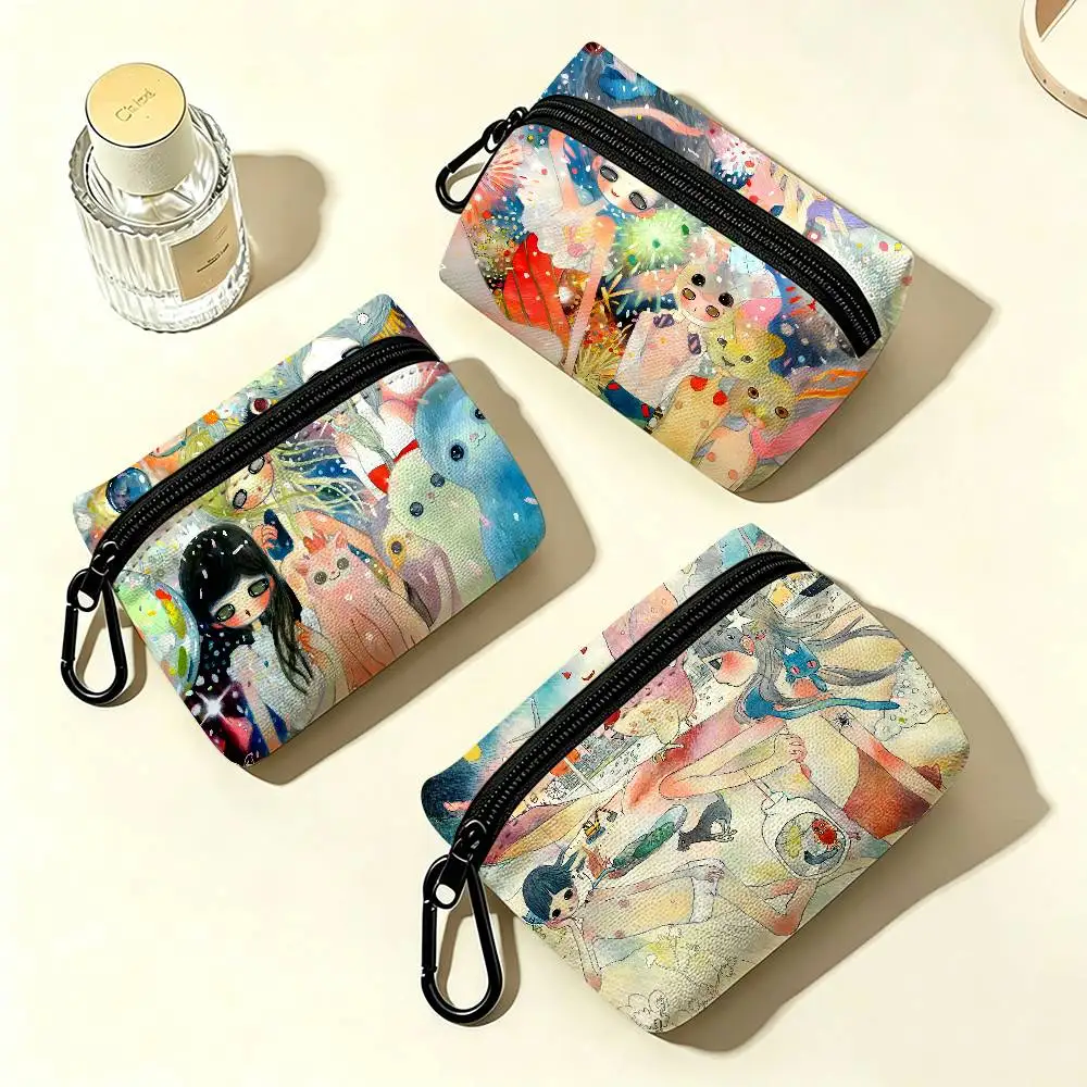 A-Aya T-Takano Art Anime Portable Oxford Fabric Mini Wallet Carabiner Design Small Coin Bag For Cards Keys Earphones