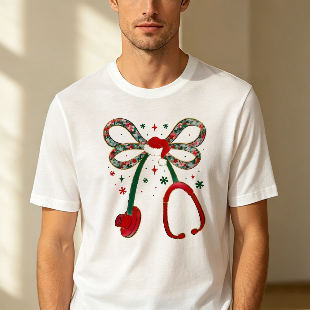 Christmas Stethoscope Bow Santa Hat Snowflake Men T Shirt Nurse Xmas Medical Staff Vintage Graphic Retro American Top