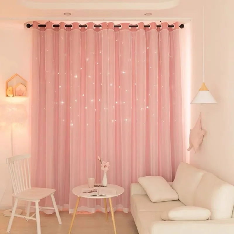 

Hollowed-out Star Blackout Curtains Pink Purple Beige Grey Double Layer with Sheer Hook Grommet for Bedroom Living Room