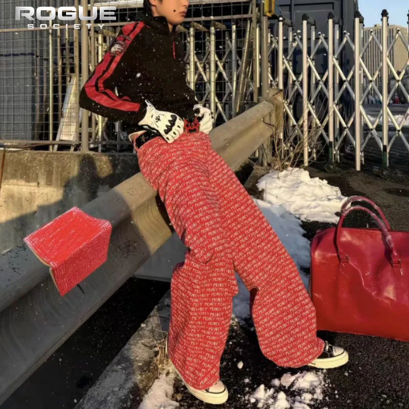 Red Y2k Streetwear Men Baggy Jeans Hip Hop Letter Print Denim Pants Wide Leg Trousers Casual Vintage Fashion Money Print Design