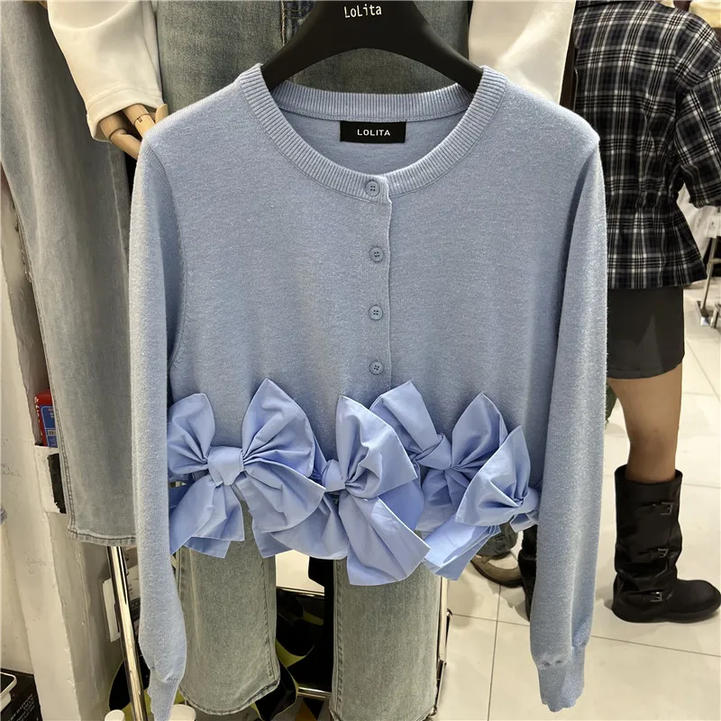 Korean Style Knitted Short Sleeveless round Neck Open Cardigan Women's Fashion Heavy Embellishment  Knot Autumn New ...