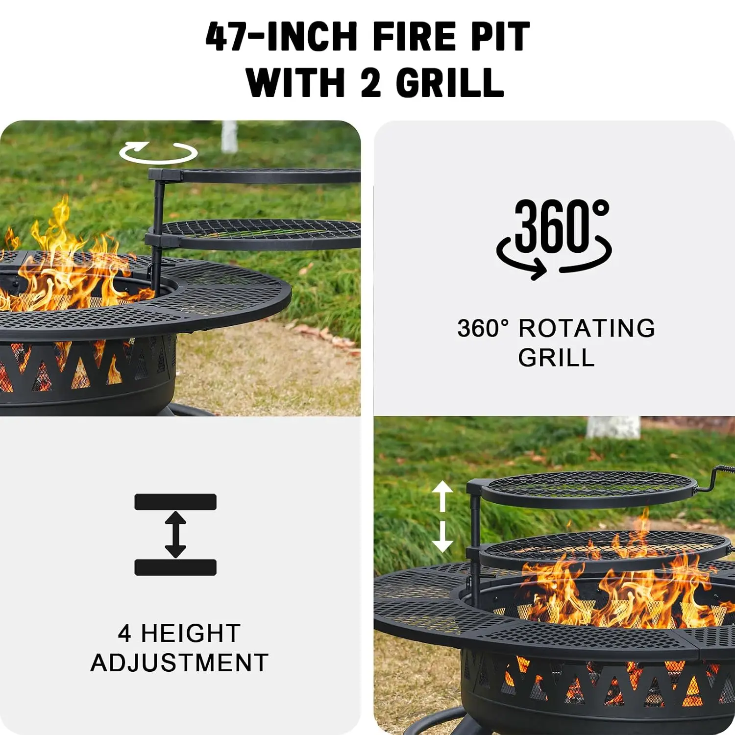 47 Inch Outdoor Fire Pit with 2 Grills, Wood Burning Large Fireplace Table