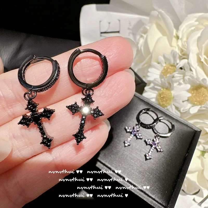 New Trendy Punk Zircon Crystal Cross Earring for Women Men Goth