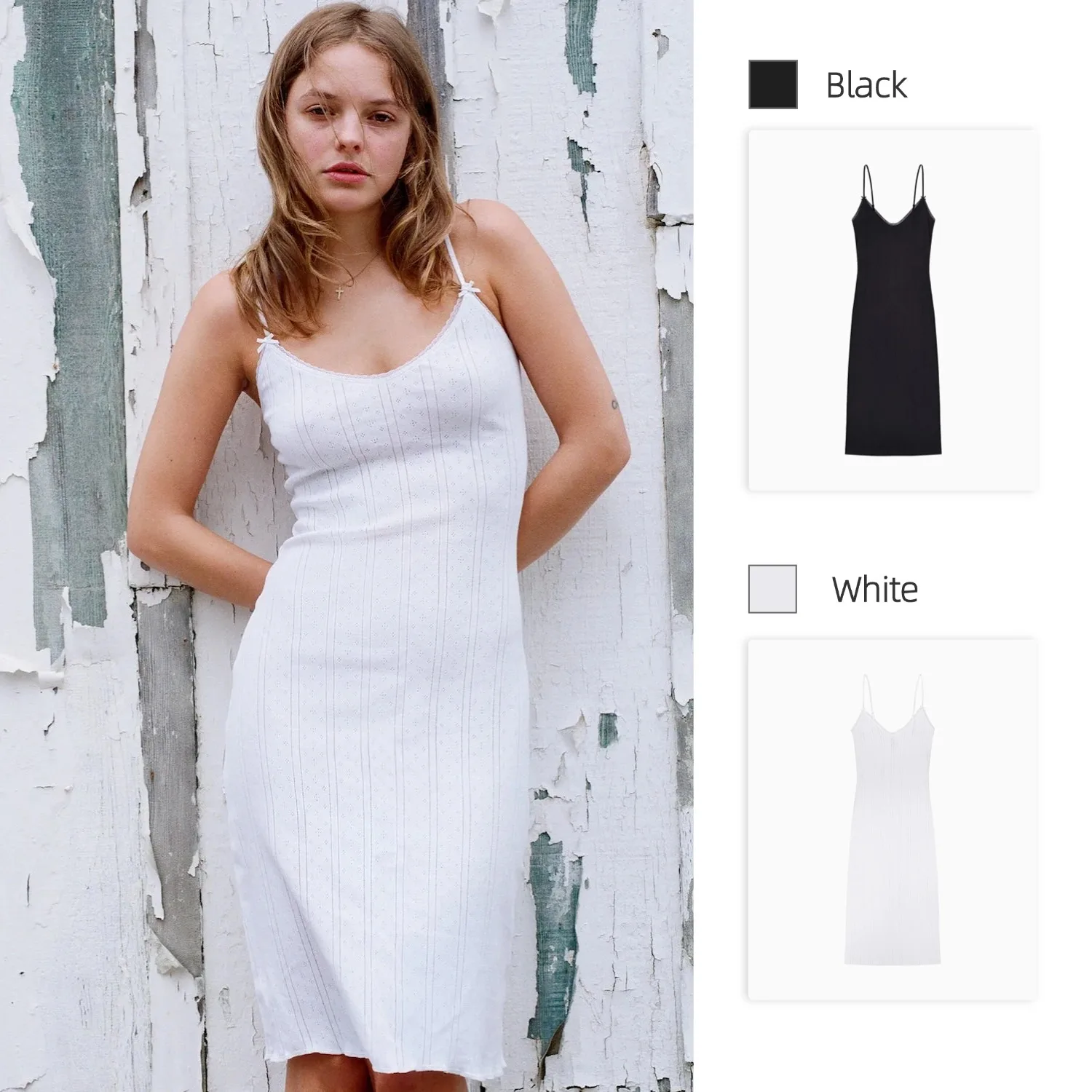 Cou White Solid Color Hollowed-Out Lace Bow Suspender Dress, Basic and Versatile Midi Skirt