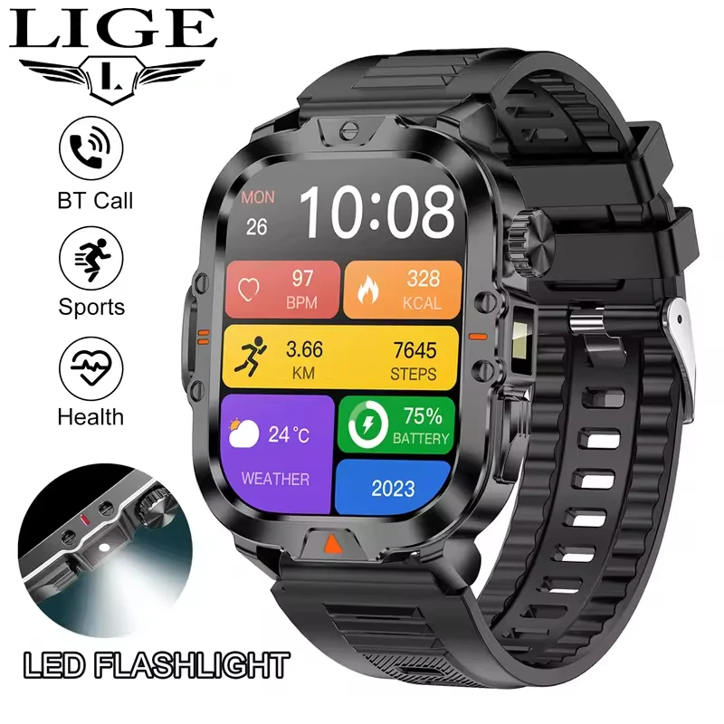 

LIGE 2.01 Inch LED Flashlight Smart Watch 410mAh Large Battery IP68 Waterproof 100+ Sports Modes Military Outdoor New Smartwatch